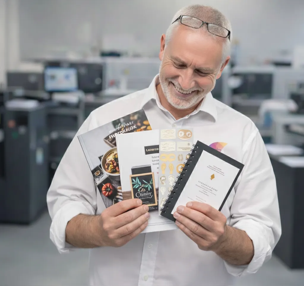 Print specialist holding examples of digitally printed brochures and booklets
