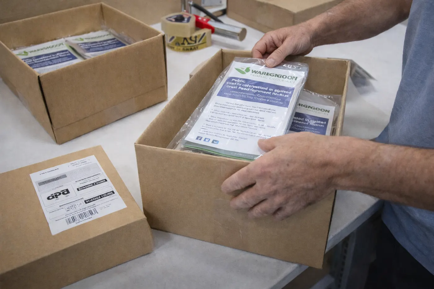 Boxes of print packed for delivery