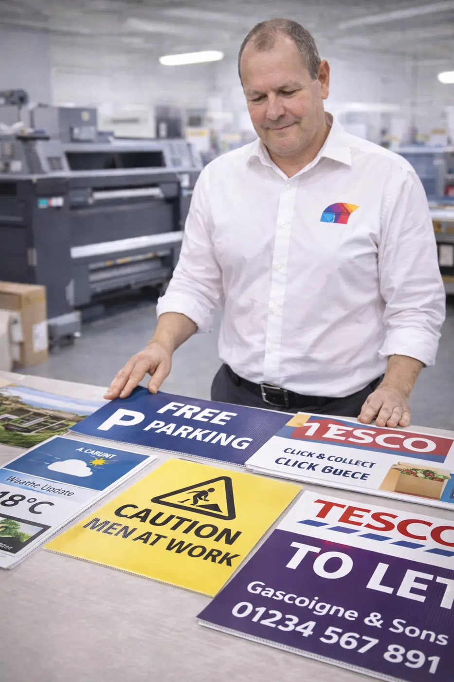 Print specialist checking a large printed display board