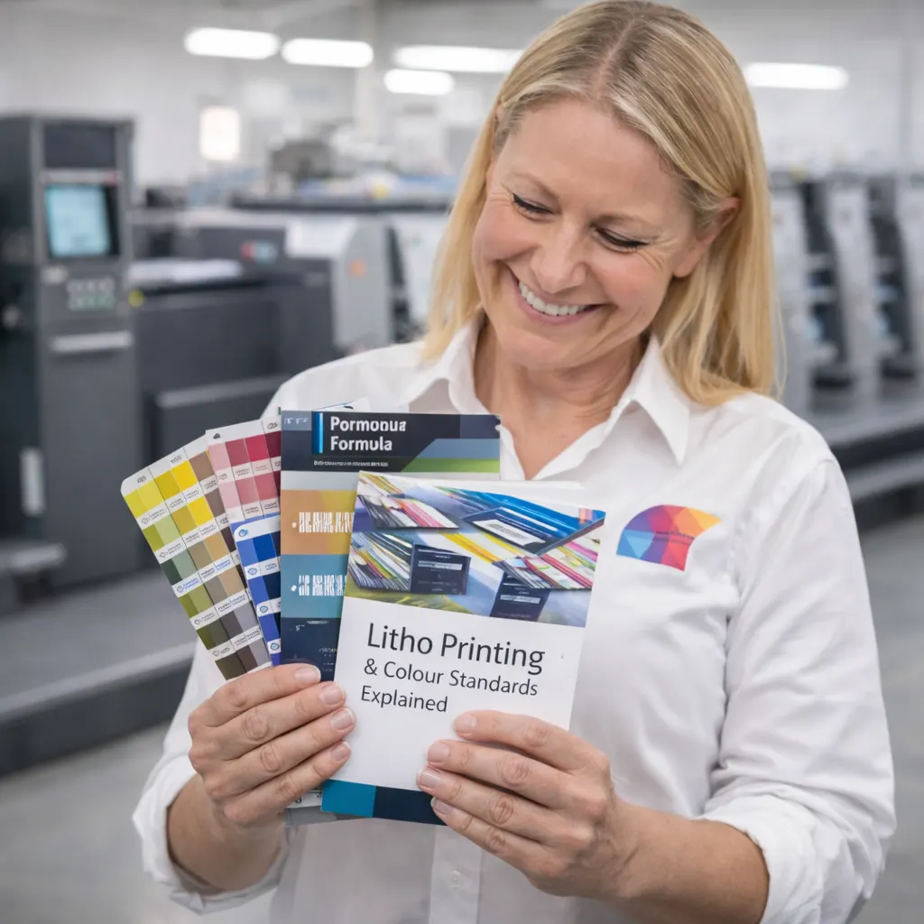 Print specialist holding litho brochures and colour guides