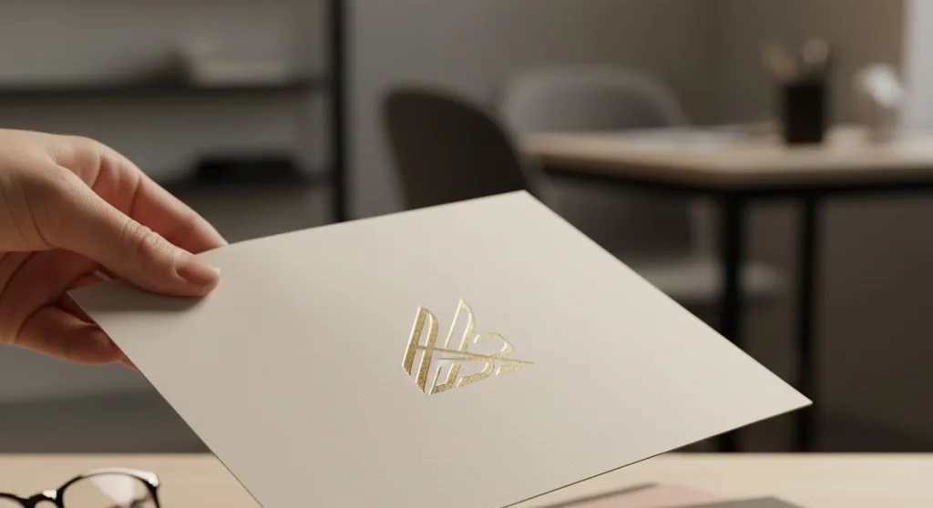 Hand holding a gold foil finished printed card