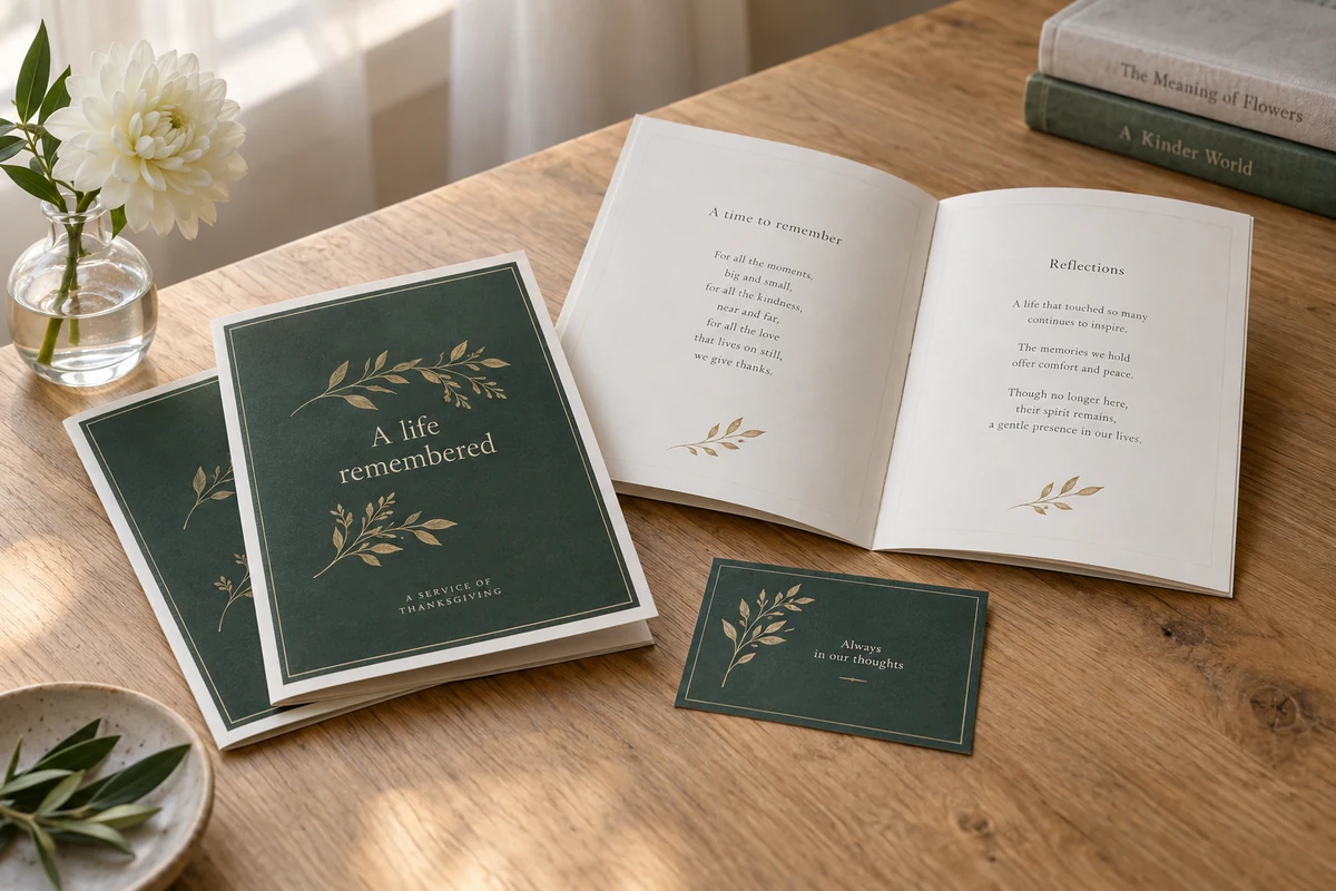 Green and gold funeral order-of-service booklets and a remembrance card on a pale oak table