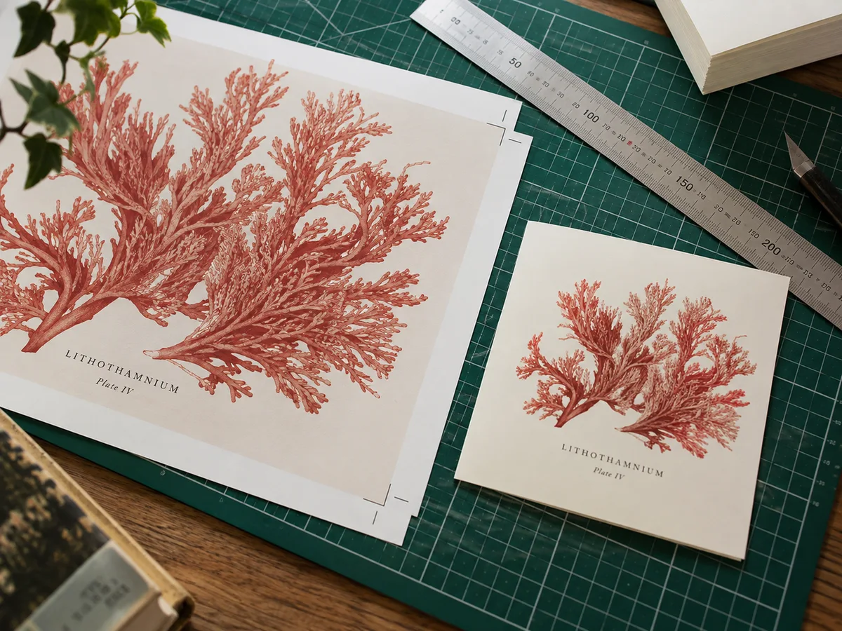 Close-up of a coral botanical print proof extending beyond small trim marks, alongside a finished trimmed card and precise steel ruler on a cutting mat; full-colour artwork continues beyond trim, important small typography well inside the trim