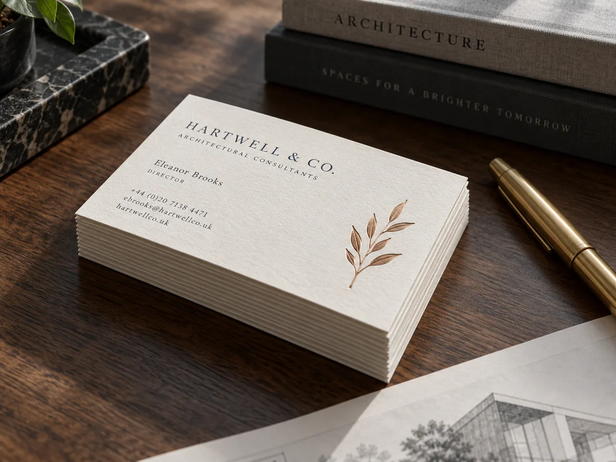 Thick textured cream business cards with midnight-navy type and a small copper botanical mark on a walnut desk beside a brass pen