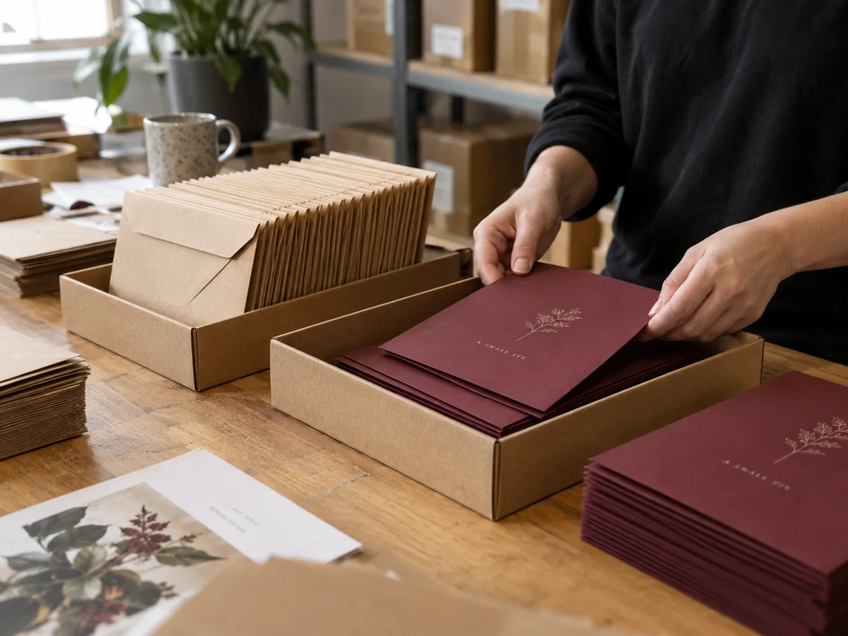 Neatly sorted natural kraft envelopes and burgundy folded leaflets being packed in shallow cardboard trays at a fulfilment bench
