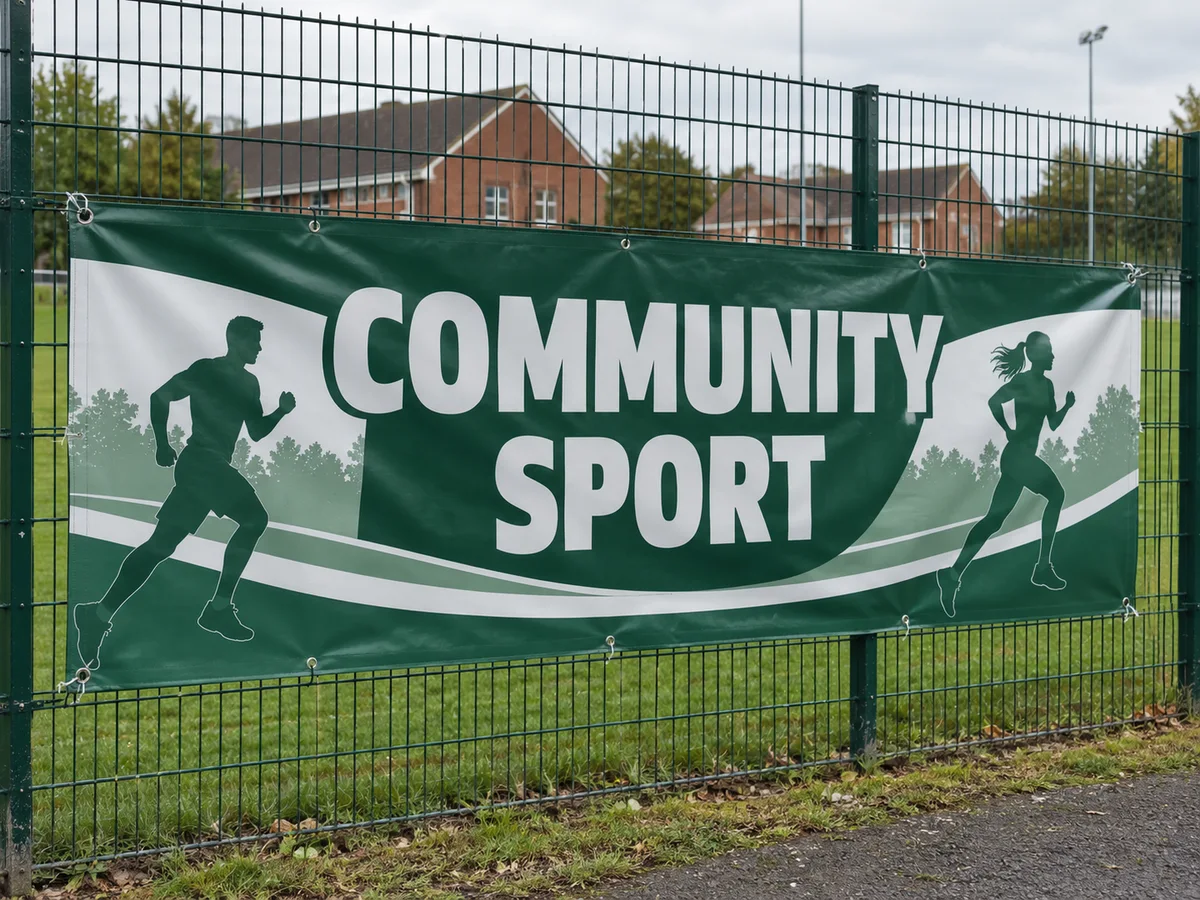 Forest-green and white COMMUNITY SPORT PVC banner secured through metal eyelets to a sports ground fence