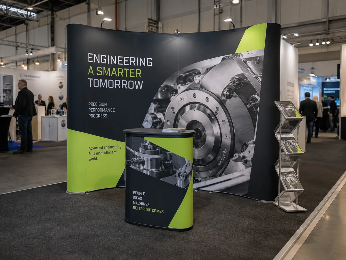 A charcoal and lime engineering trade-show display with printed machinery photography and slim counter under realistic exhibition lighting