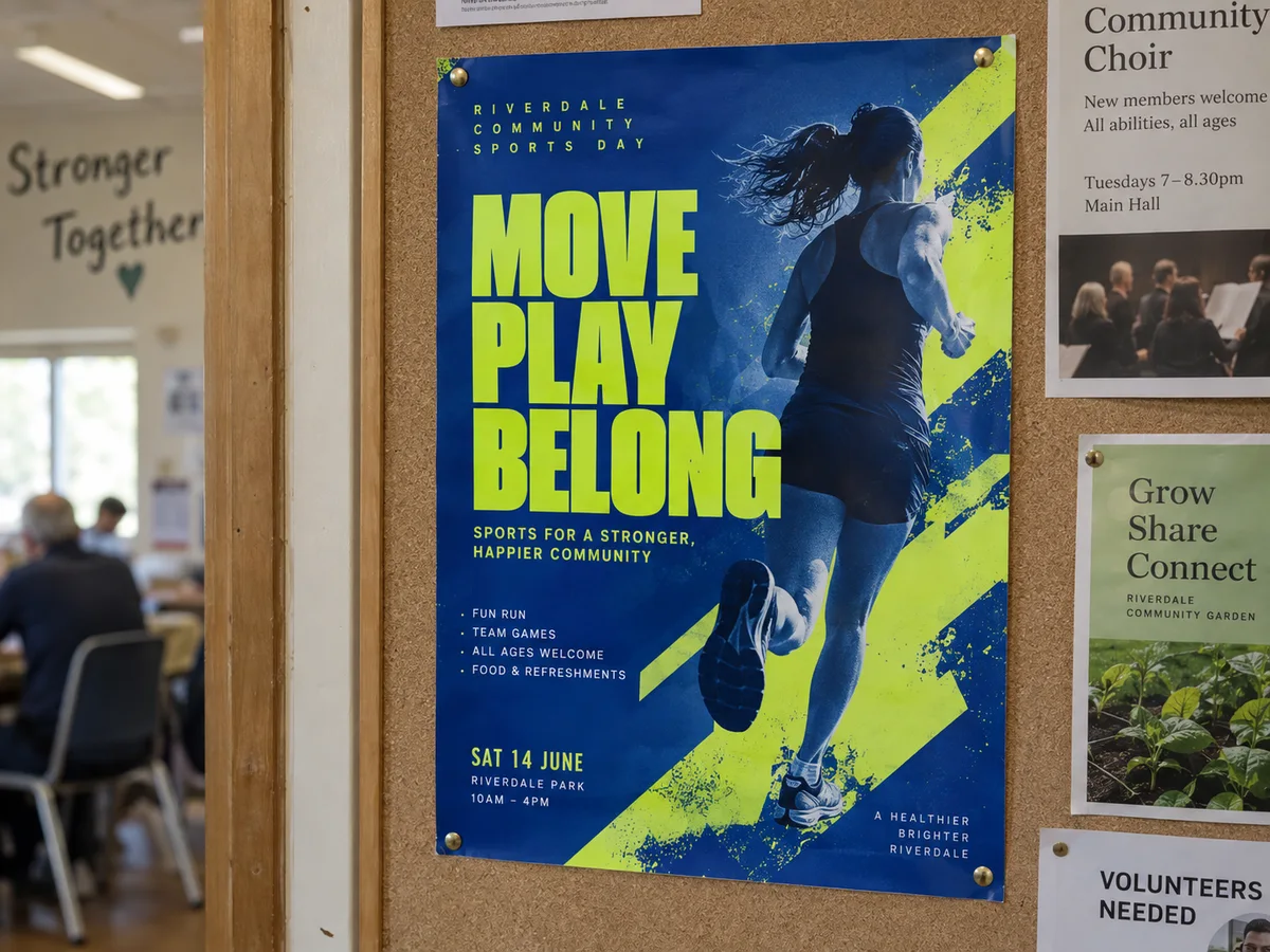 A bold blue and neon-lime sports event poster on an indoor community-centre noticeboard, whole poster visible