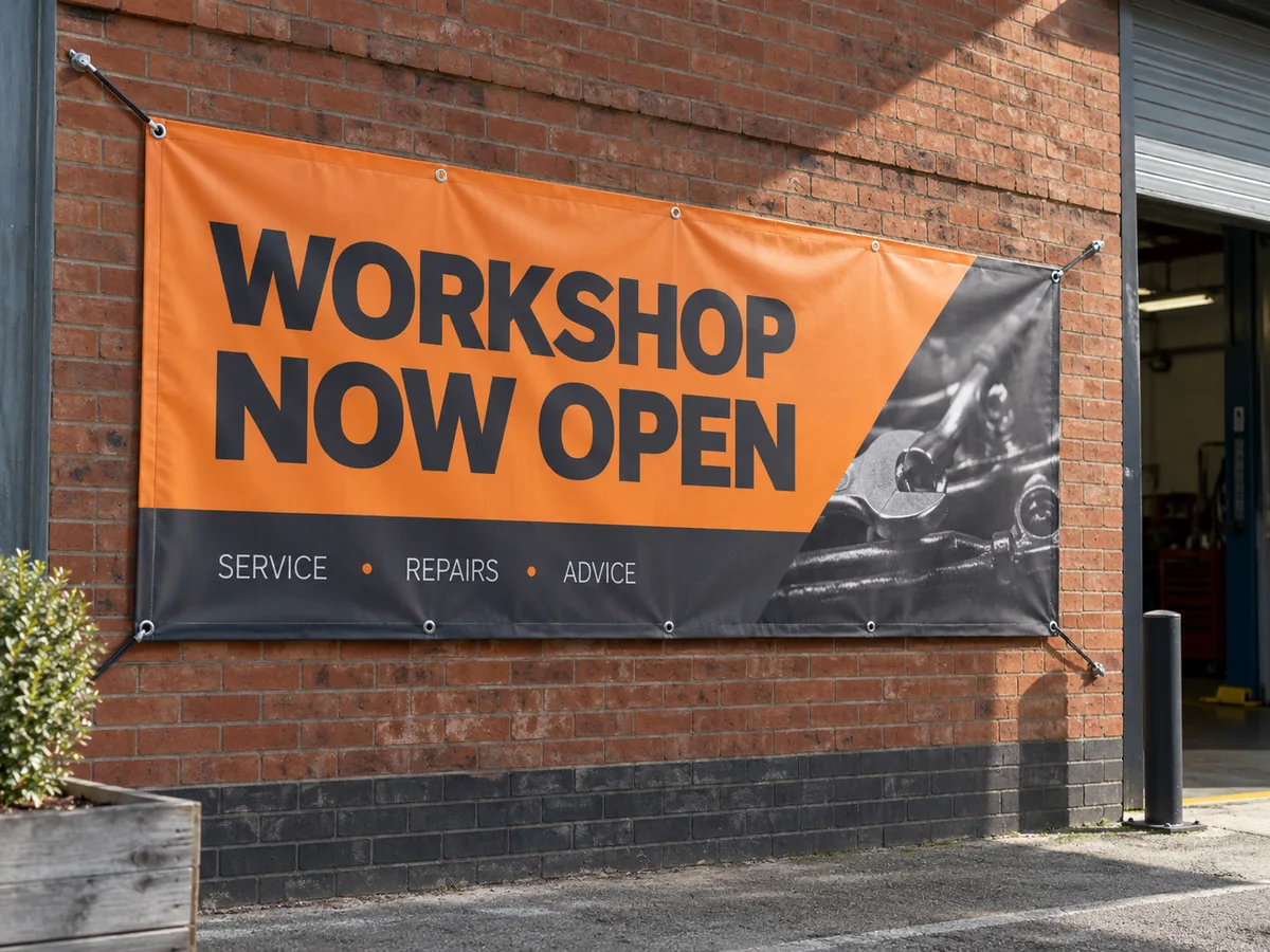Orange and dark-charcoal workshop-opening PVC banner, robust eyelets and tensioned ropes on a red-brick industrial frontage