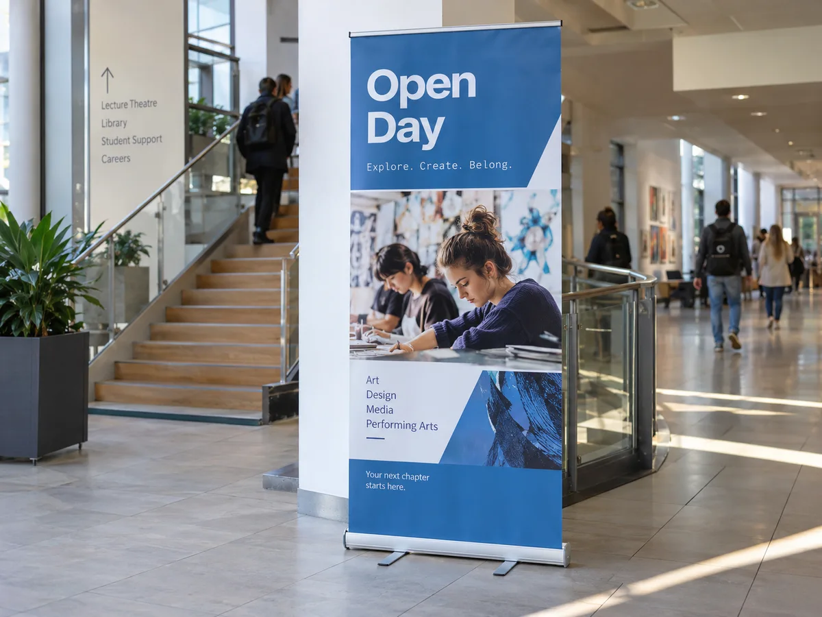 A blue and white education open-day roller banner with photographic student artwork, complete stand and base on a bright campus foyer floor