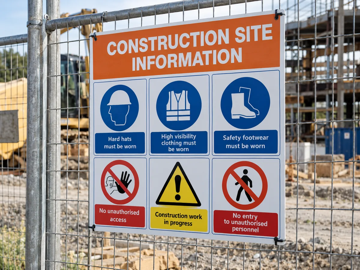 A properly organised orange, blue and white construction-site information board with clear safety pictograms mounted on a steel fence
