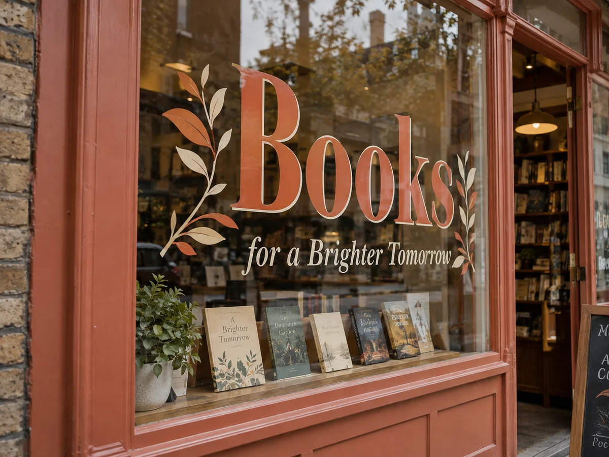 Terracotta and cream bookshop window lettering with small leaf motifs and book displays visible inside
