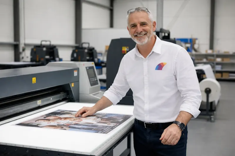 Print specialist checking finished sheets beside a press
