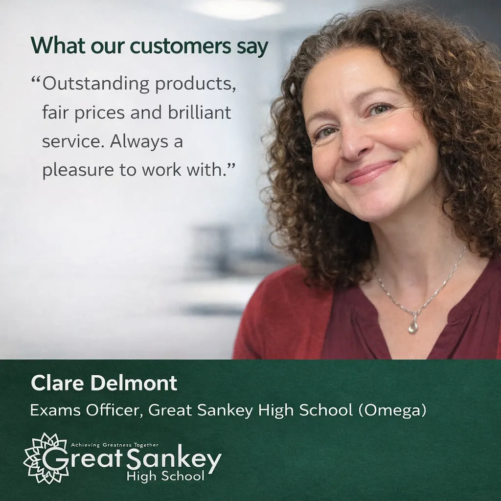Clare Delmont, Exams Officer at Great Sankey High School: Outstanding products, fair prices and brilliant service. Always a pleasure to work with.